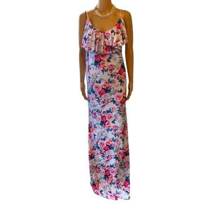 Boho Floral Print Hi low Adjustable Strap Fit and Flared Maxi Dress Women Sz MT